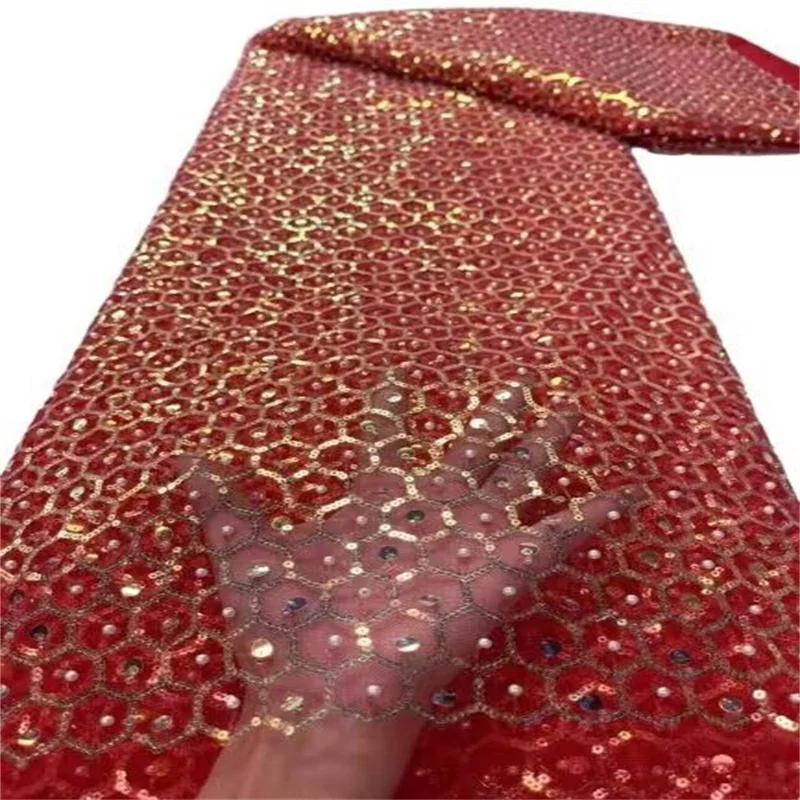 

Африканская кружевная ткань 2023 красная/Золотая Высококачественная кружевная блестящая французская сетчатая кружевная Тюлевая сетчатая т...