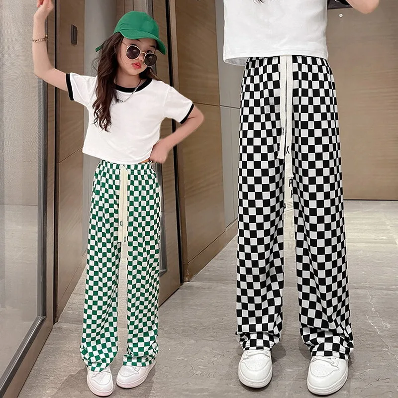 

Kids Girls Summer Ice Silk Western Style Thin Wide-leg Pants New Children's Chessboard Grid Loose Casual Anti-mosquito Trousers