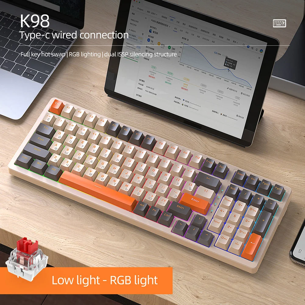 

Игровая клавиатура K98, бесшумная клавиатура с RGB подсветкой, клавиатура с горячей заменой, три режима, USB-порт, Водонепроницаемая клавиатура для компьютера, ноутбука, ПК