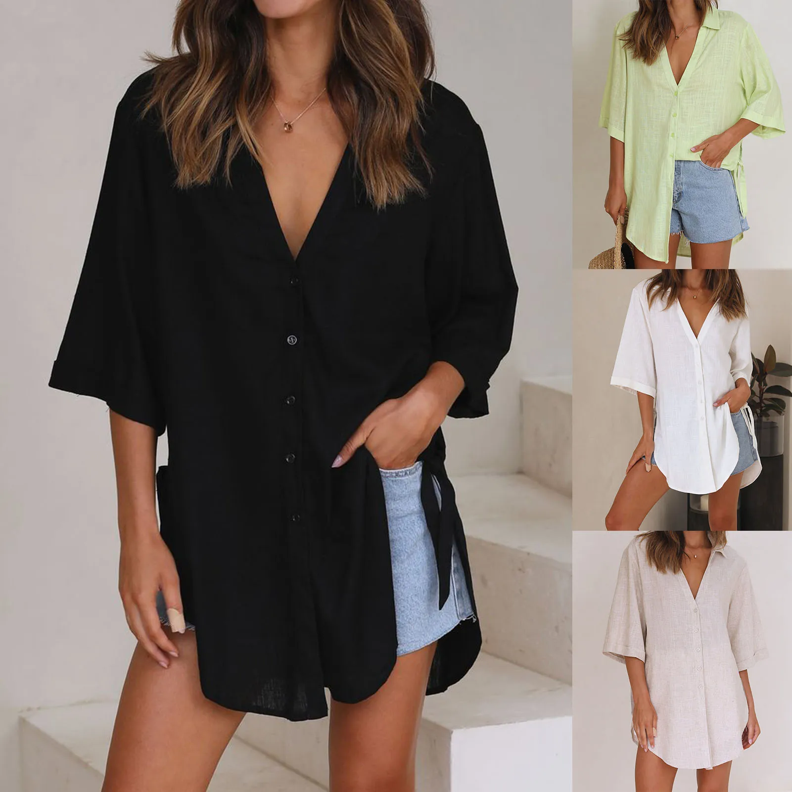 

Ladies Elegant Blouses Tops Simple Short Sleeve Blouses Stylish Lightweight Open Front Solid Color Summer Shirts/Tops