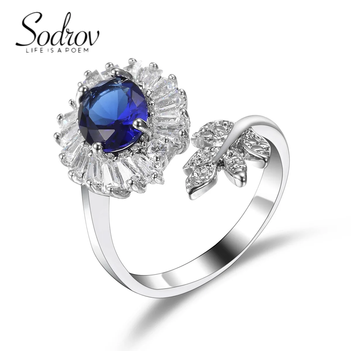 

SODROV Blue Cubic Zirconia Rings for Women Girl Party Club Fashion Jewelry Open Ring Size Adjustable