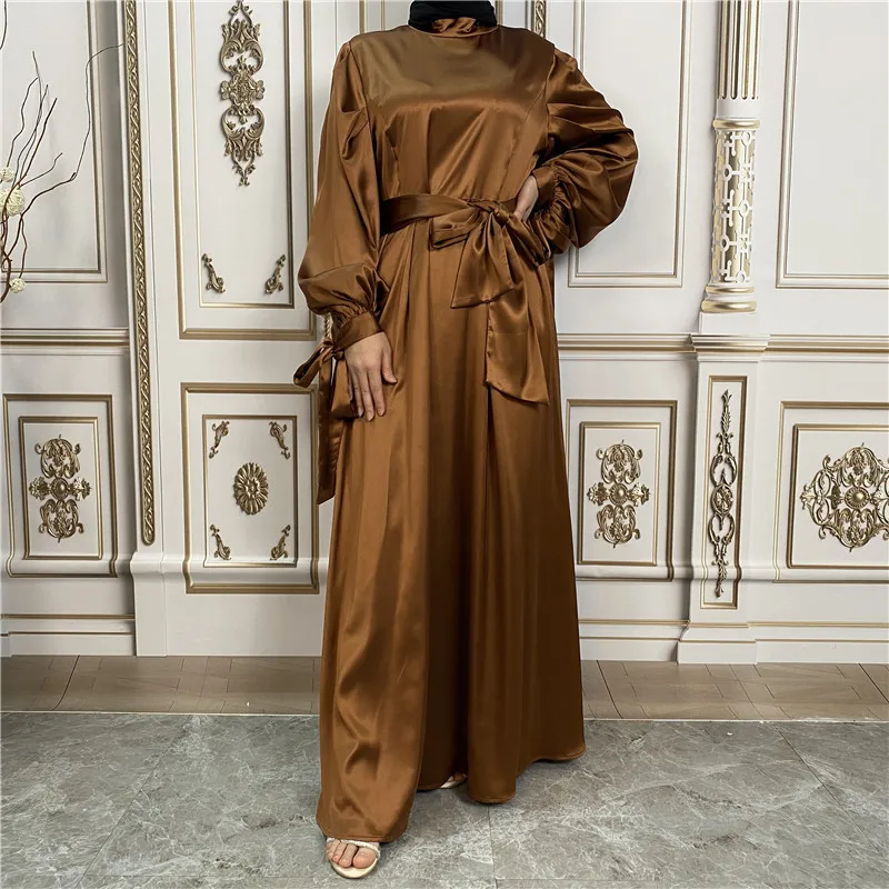 

Muslim Abaya Satin Long Sleeve Belted Dress Femme Musulman Vestidos Islamic Clothing Marocain Caftan Dubai Turkey Kaftan Robe