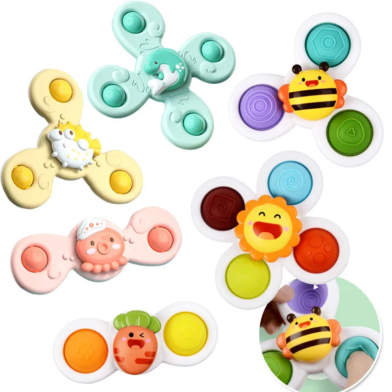 

3Pcs Cartoon Rotating Rattles Bath Toy Kids Insect Gyro Toy Relief Stress Suction Cup Educational Fingertip Rattle Toys