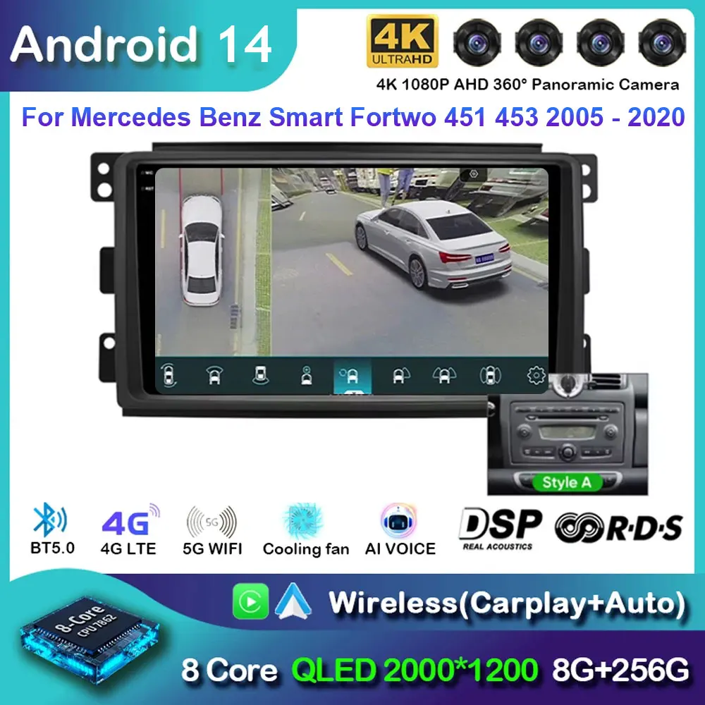 Автомобильный радиоприемник Android 14 для Mercedes Benz Smart Fortwo 451 453 2005-2020 Беспроводной