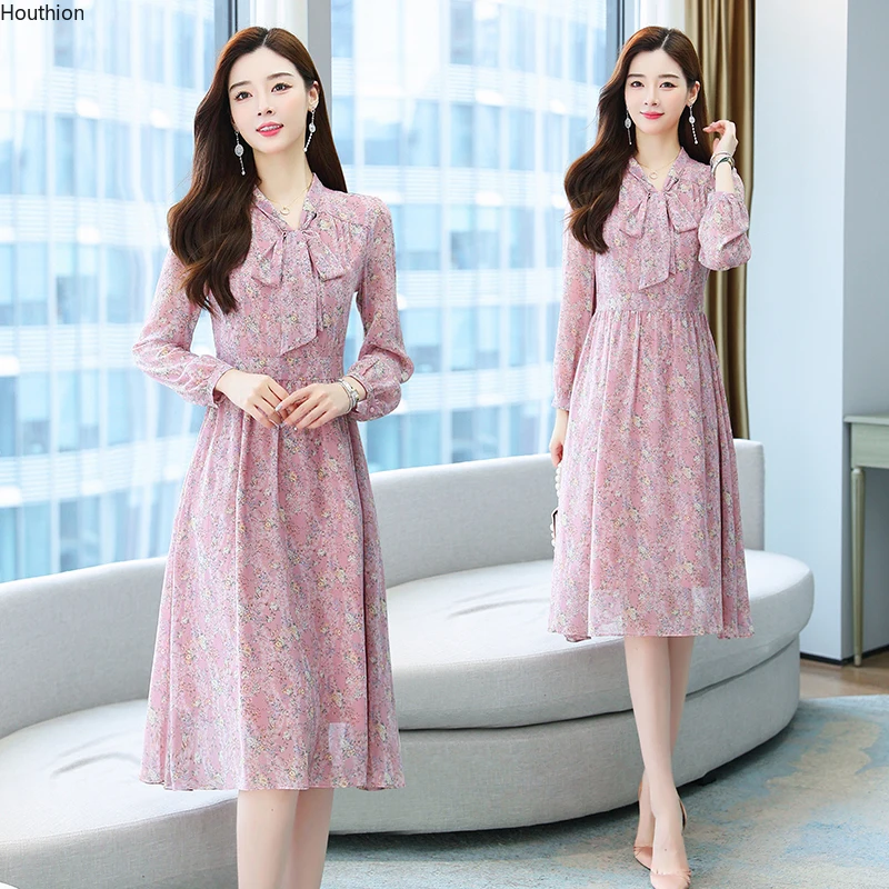 

Summer New Women's Dresses V-neck Bow Long Sleeve Printing Chiffon Korean Version Fashion Female Clothing