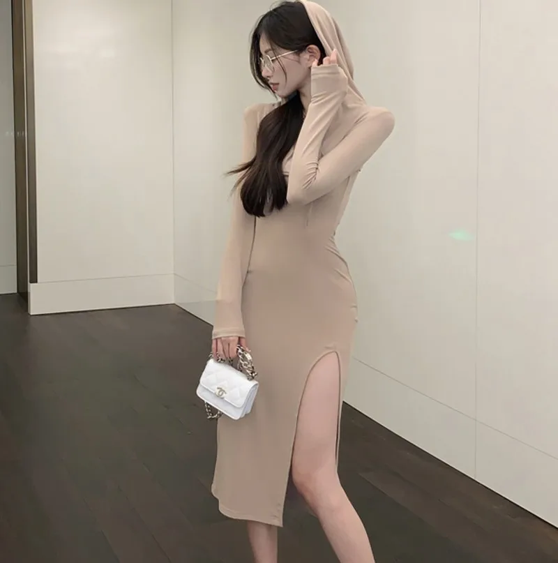 

2022 Autumn New Korean Slim Hoodie Dress Knitted Casual Hooded Split Sexy Bag Hip Knitted Dresses