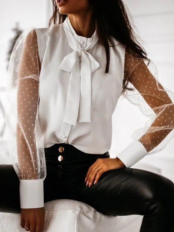 

Fashion Sheer Mesh Long Sleeve Bow Ladies Shirts Womens
