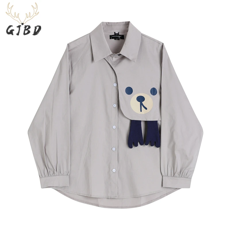

Women's Clothing Shirt Versatile Loose Grey Long Sleeved Printed Bear Pattern Fashion Tops Casual Button Ladies Baggy Blouse