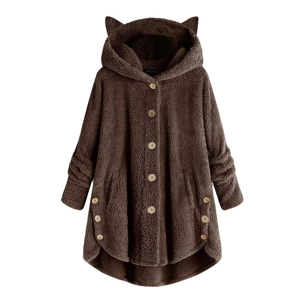 

Plush Hooded Coats Fashion Leisure Microprojectile Moderate Handle Long Sleeve Warm Outwear Fashion Button Women Top