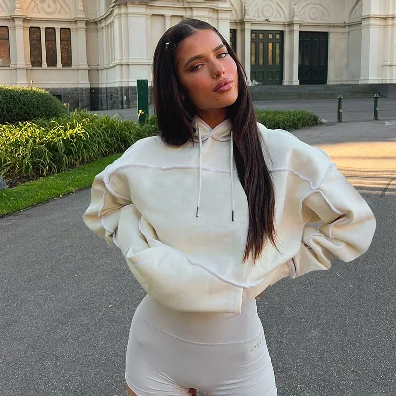Модные женские толстовки с прострочкой топы свободные пуловеры капюшоном