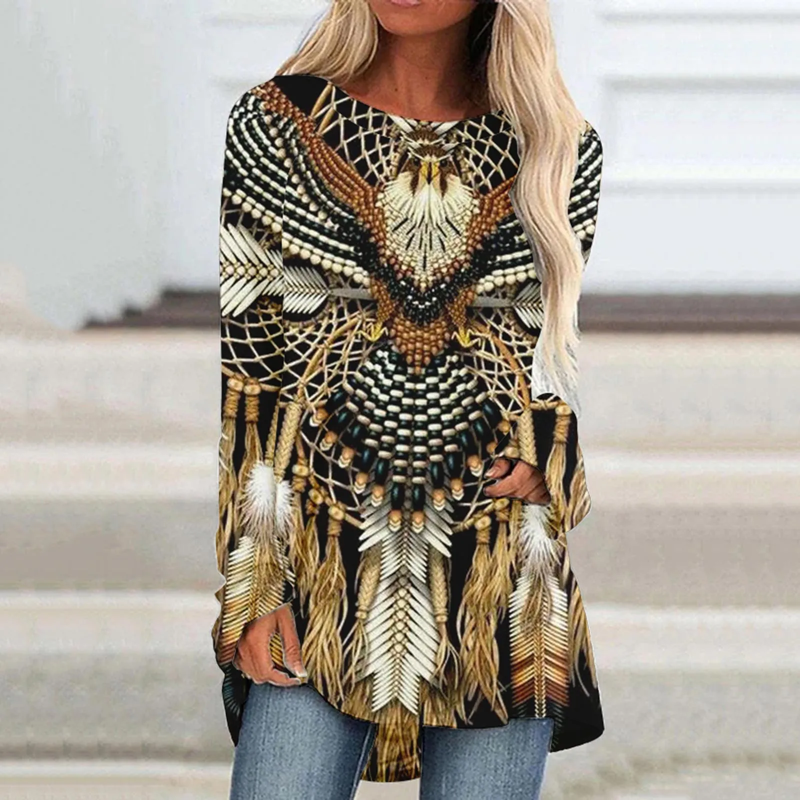 

Women Casual Round Neck Shirt Long Sleeve Ethnic Print Blouse Long T Shirt Top 2x Clothing for Women Blouses Classic