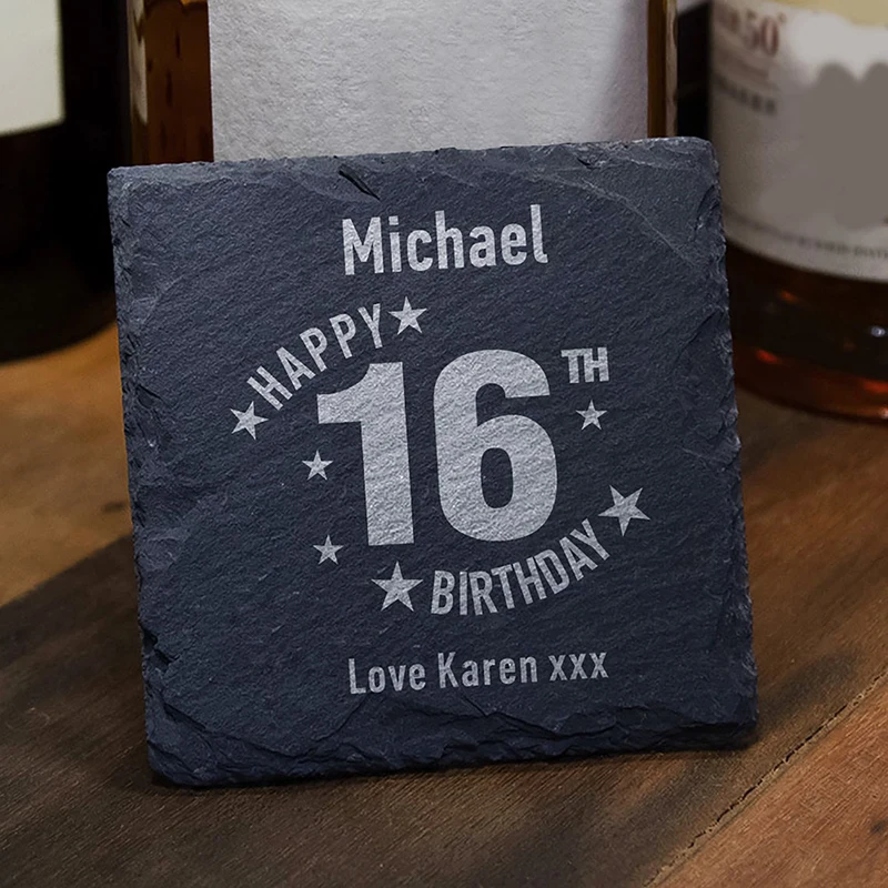 

Personalised Happy Birthday Engraved Slate Coaster Custom Birthday Gift Cup Mat Mug Coaster Boyfriend Gift Birthday Party