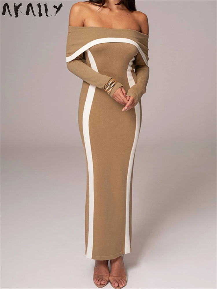 Akaily зимнее женское сексуальное длинное платье с открытыми плечами элегантный