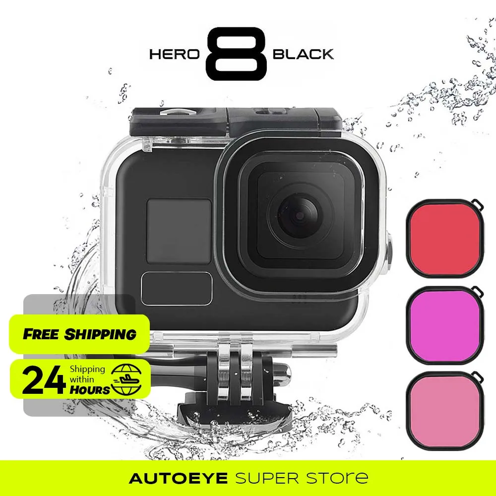 

60M Waterproof Case for GoPro Hero 8 Black Protective Diving Underwater Housing Shell Cover Red Purple pink 3 color Lens Filter
