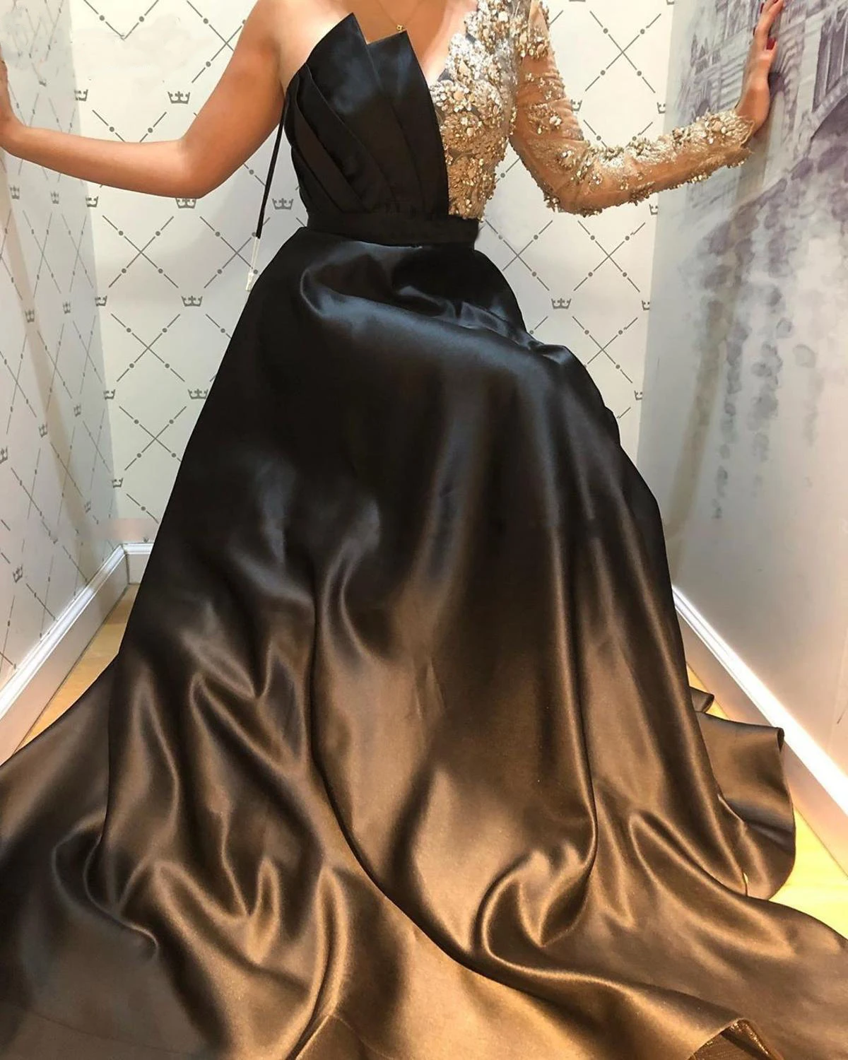 

One Shoulder Sleeve Beaded Black Satin Evening Dress Long with Slit A-line Vestidos Formales Dubai Arabic Prom Party Gown