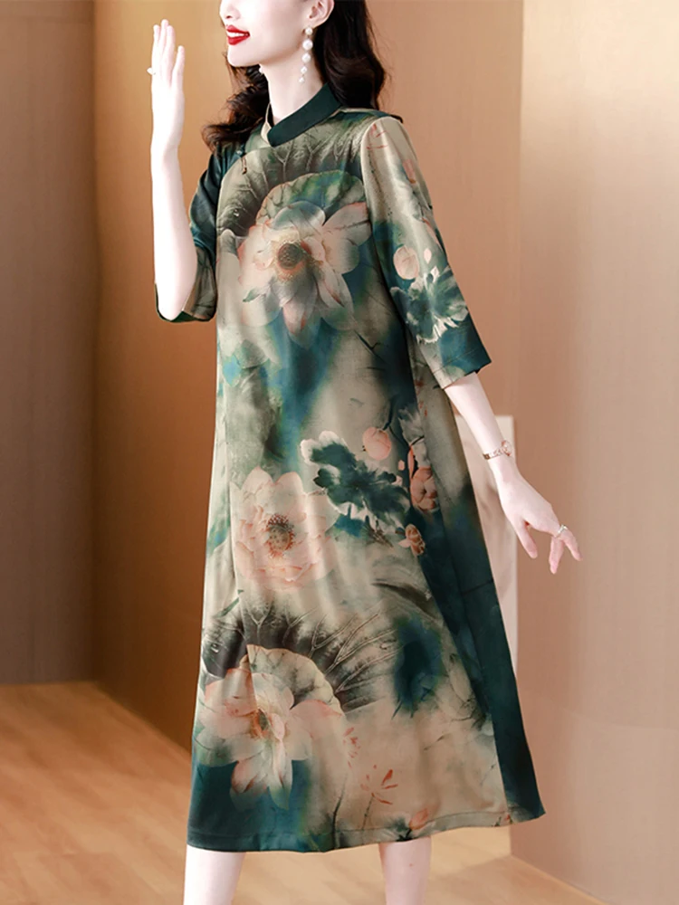 

Женское атласное платье-миди с принтом, Элегантное повседневное платье средней длины с винтажным принтом, облегающее шелковое вечернее платье, лето 2023