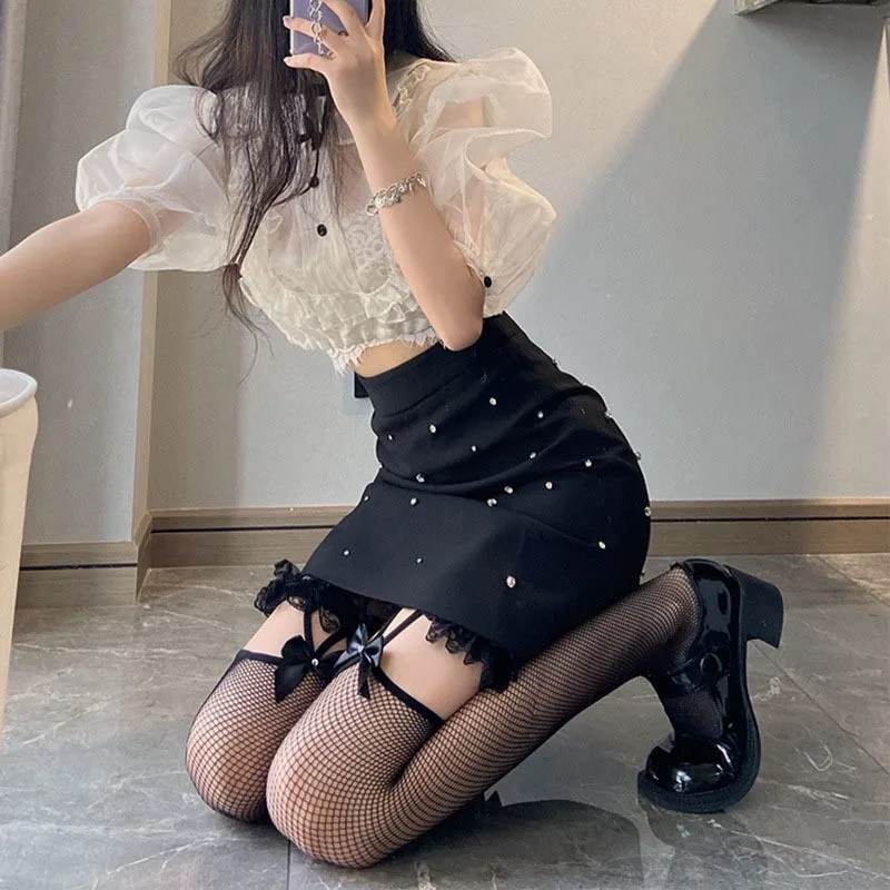 

Summer Lady Sexy Fashion Elastic Fishnet Conjoin Garter Black Stocking Lolita Lace Bowknot Hollow Out Mesh Overknee Women's Sock