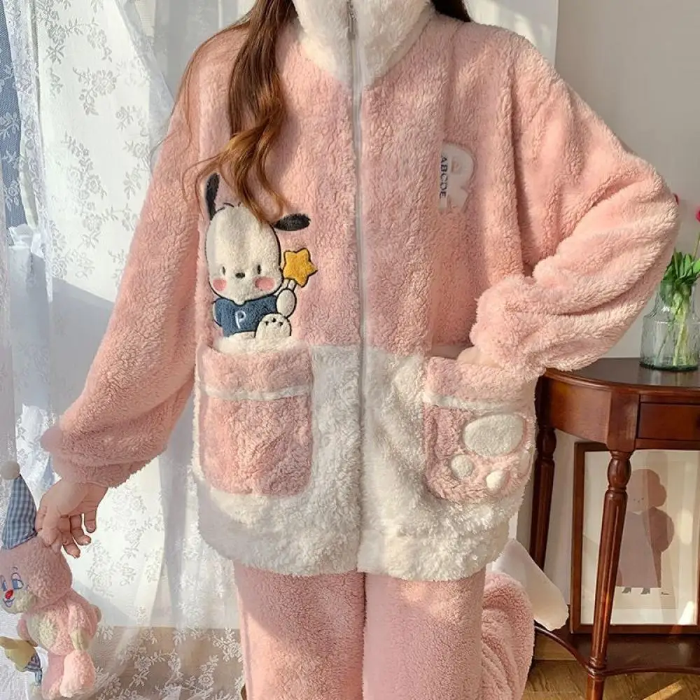 

Kawaii Sanrio Pochacco Women's Coral Velvet Pajamas Sweet Nightgown Set Anime Cartoon Winter Homewear Girl Sleepwear Gift