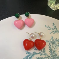 sweet cute acrylic pink heart pendant earrings korean design shiny zircon candy color charm stud earrings women fashion jewelry