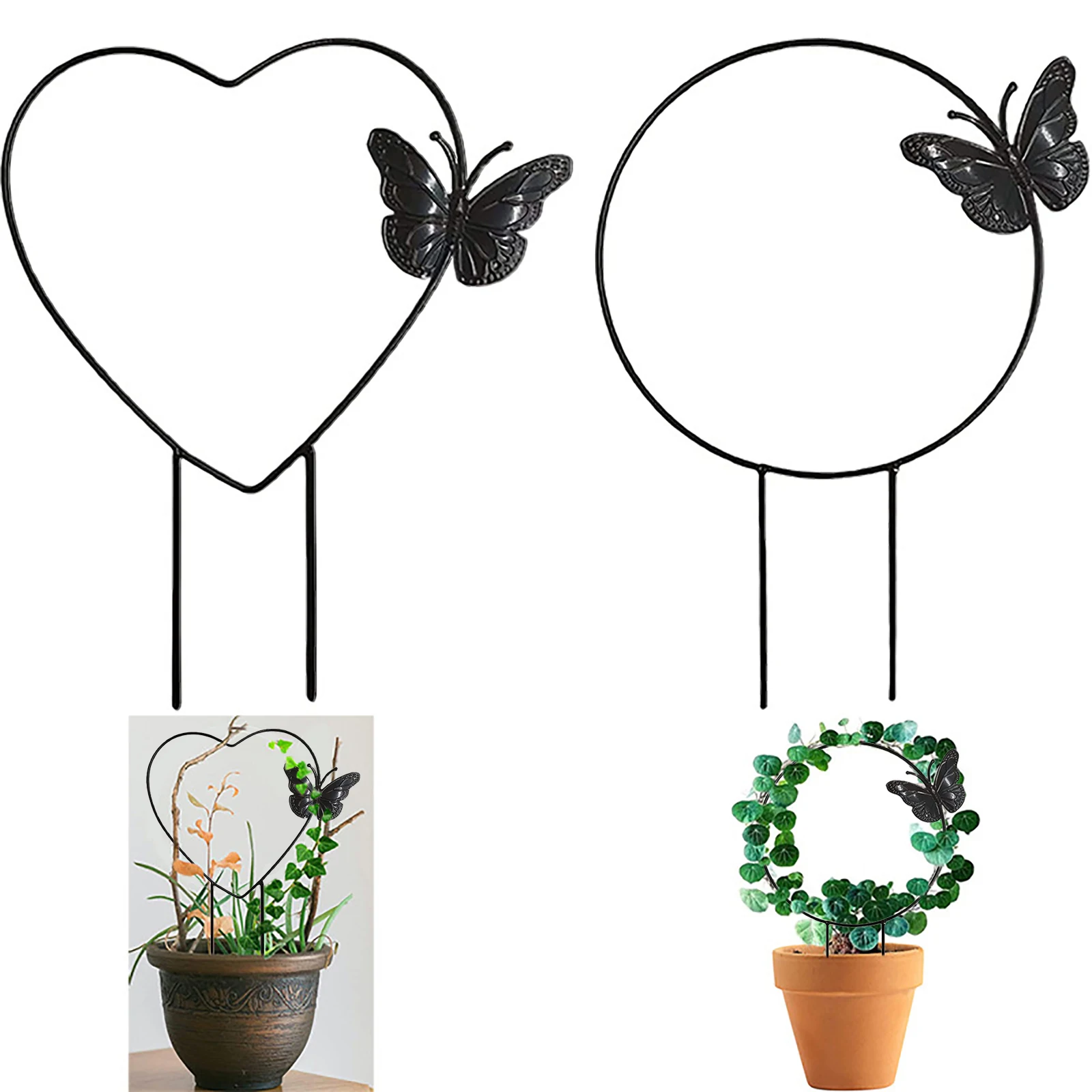 

2Pcs/set Plant Climbing Frame Plant Stakes and Supports Garden Plant Patio Heart and Round Shaped Trellis Support For Garden