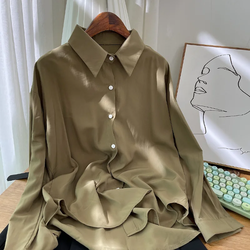 

Женская Однотонная рубашка с длинным рукавом, с отложным воротником