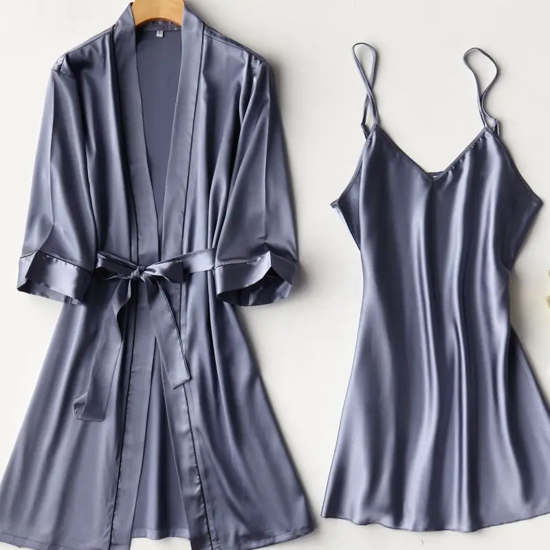 Nightdress Summer Thin Pajamas Women's Sexy Suspender Nightgown Two Piece Set Home Clothes V-neck Ice Silk Pajamas Women's Robe