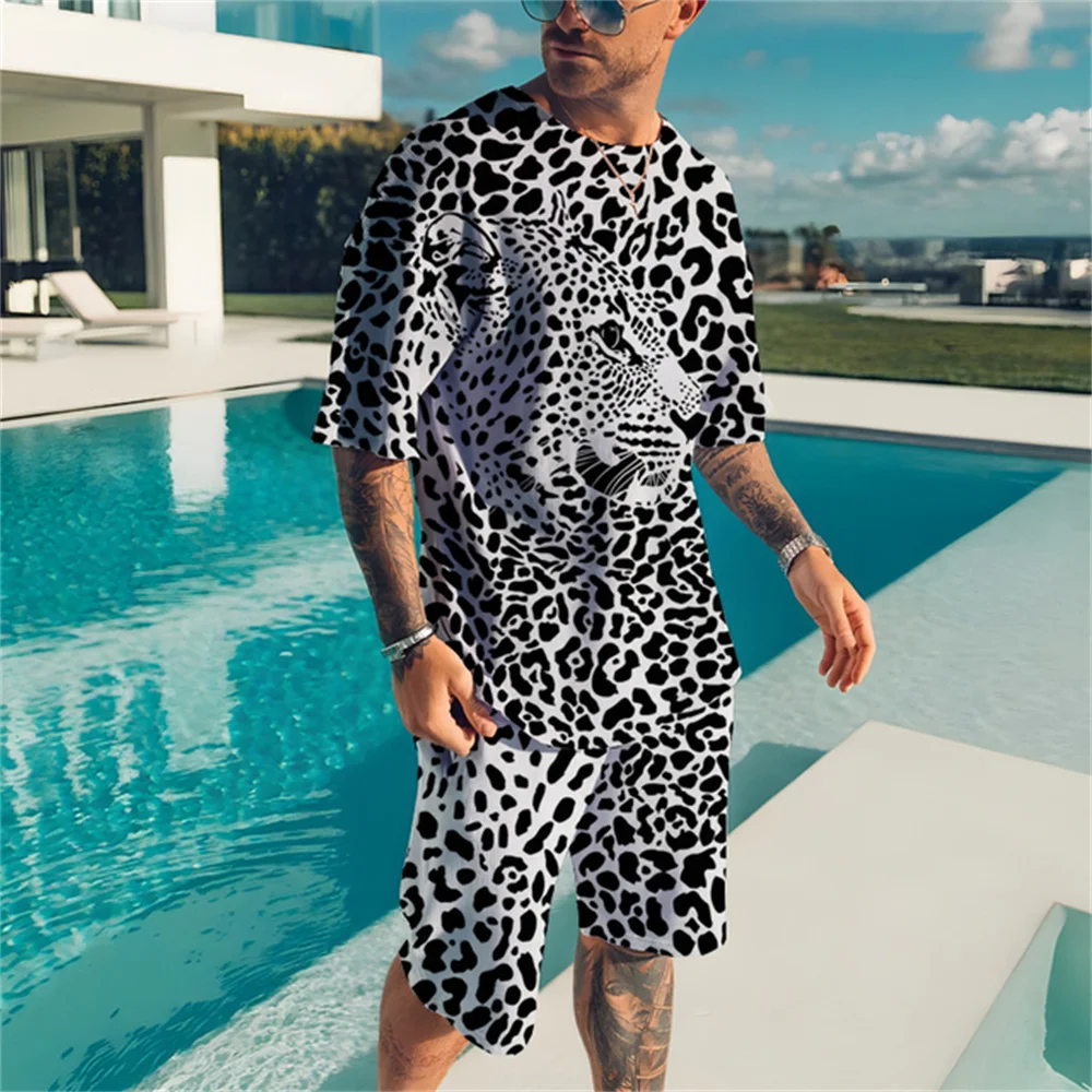 Men's New Leopard Sportswear Set Men's T-Shirt + Shorts Summer Sportswear The Secret Secret of the Jungle Harajuku Top Suit