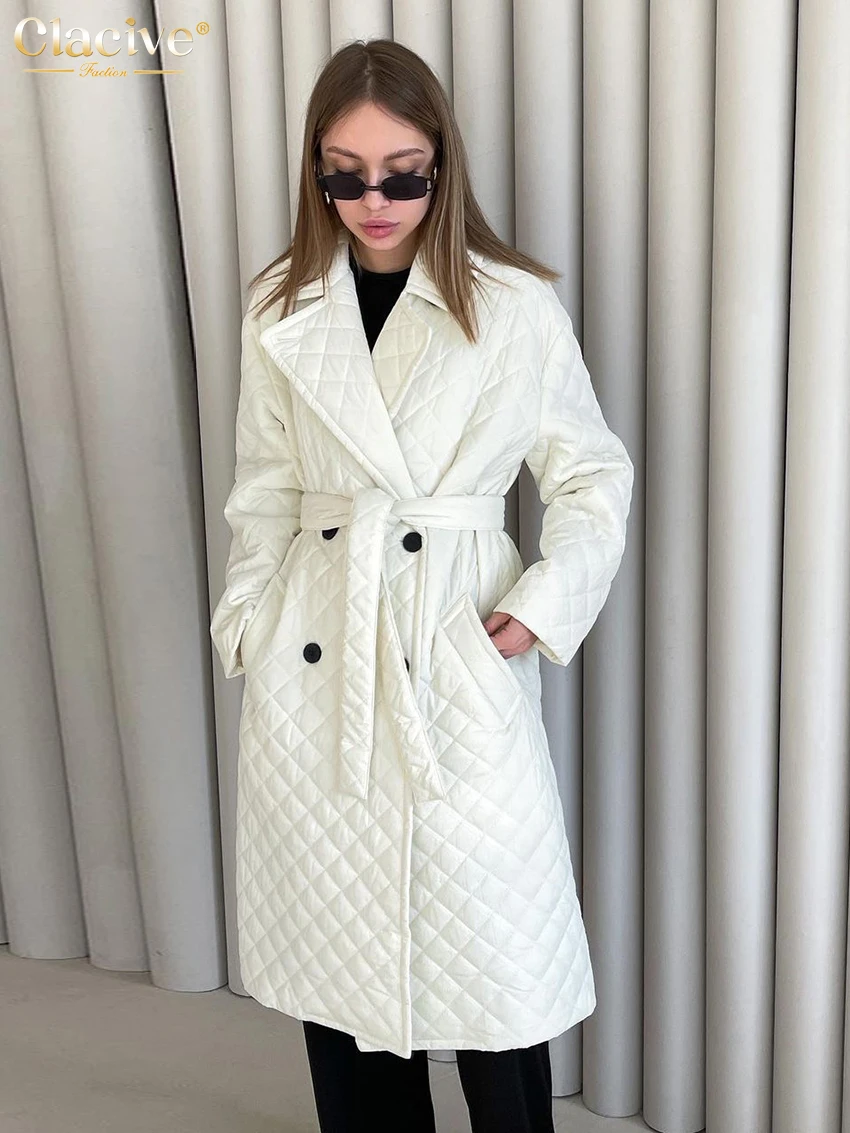 Clacive Winter Beige Coat For Women Fashion Lapel Long Sleeve Office Lady Coats Elegant Lace-Up Warm Jackets Female Clothing