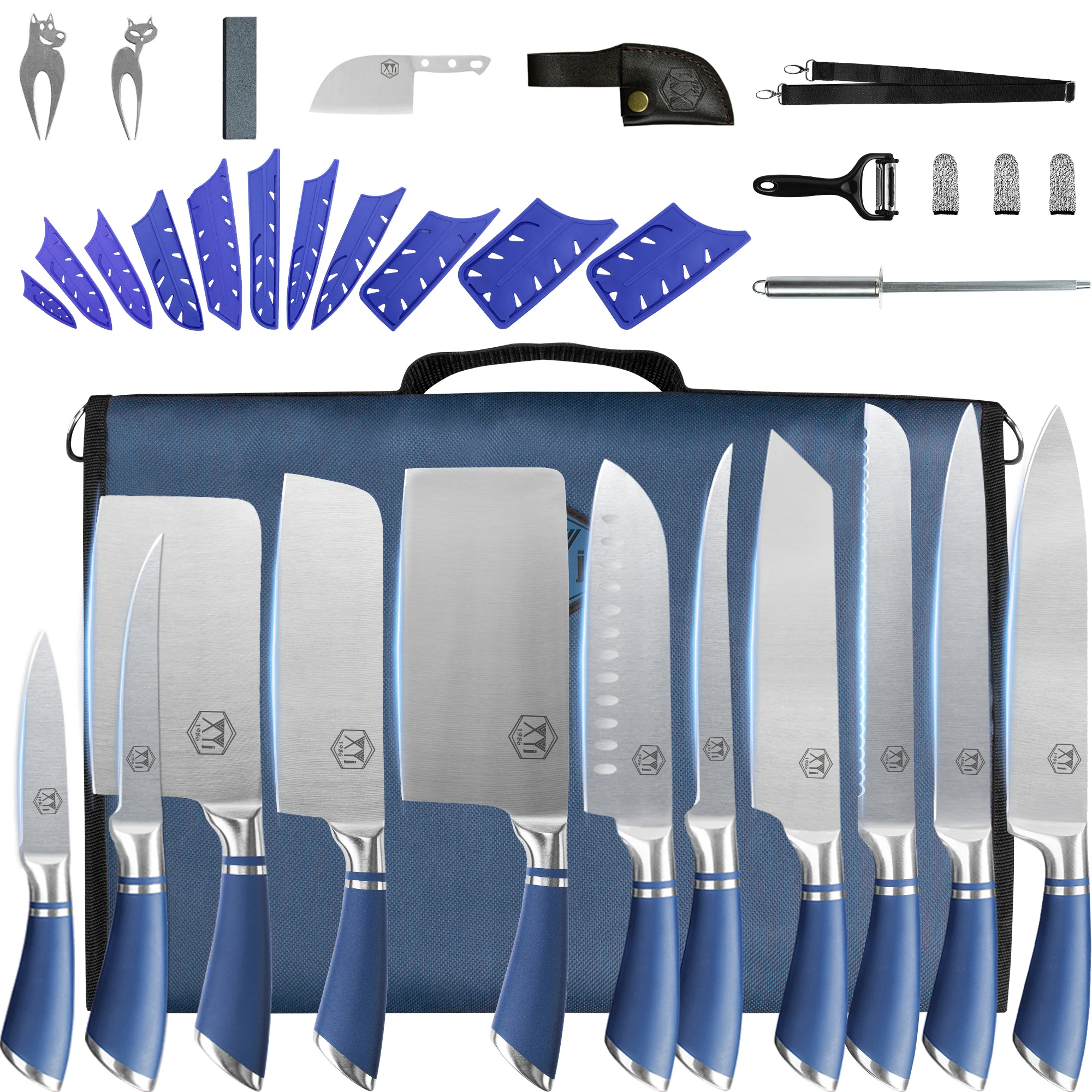 

11PCS Knives Set Kitchen Utensil Roll Bag Sharpening Bar Stainless Steel Knife Tool Kit Gift Chef Slicing Cleaver Chopping Knife