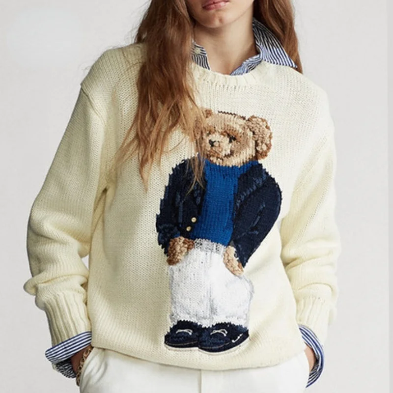 

Street Fashion Apricot RL Bear Embroidery Sweater Men's Round Neck Casual Loose Knit Couple Harajuku Pure Cotton Warm Pullover