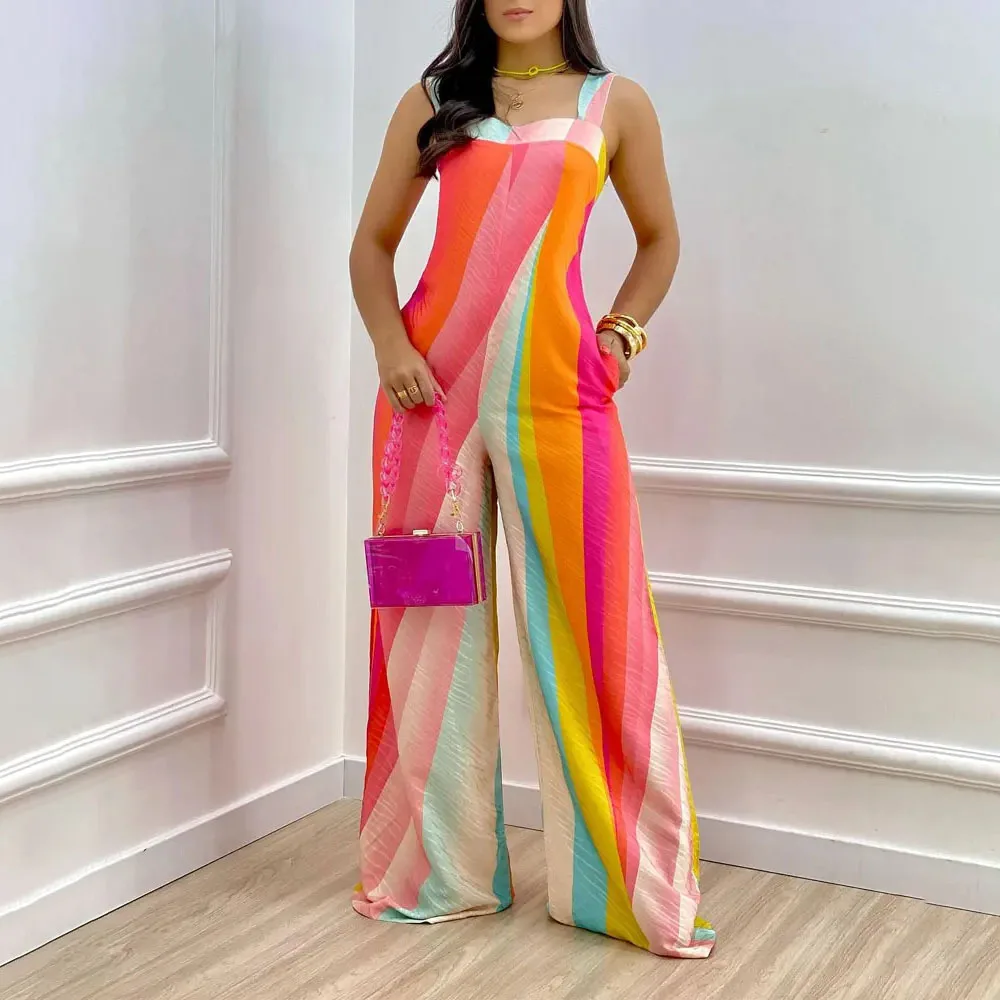 

New Women Summer Casual Sleeveless Long Jumpsuit Fashion Printing Suspenders Sleeveless Wide-leg Jumpsuit Woman Dropshipping