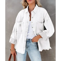 2022 spring women denim jacket ripped turn down collar long sleeve tops with pockets single breasted tassels coat loose outwear