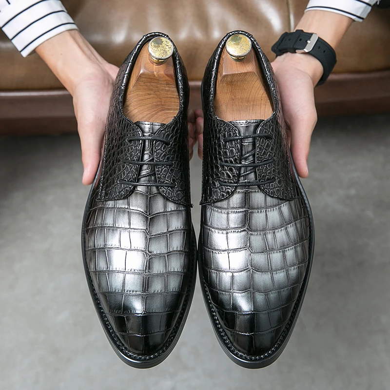

Men Leather Shoes Retro Pointed Toe Oxford Dress Shoes Luxury Fashion Wedding Business Office Men Crocodile Pattern Formal Shoes