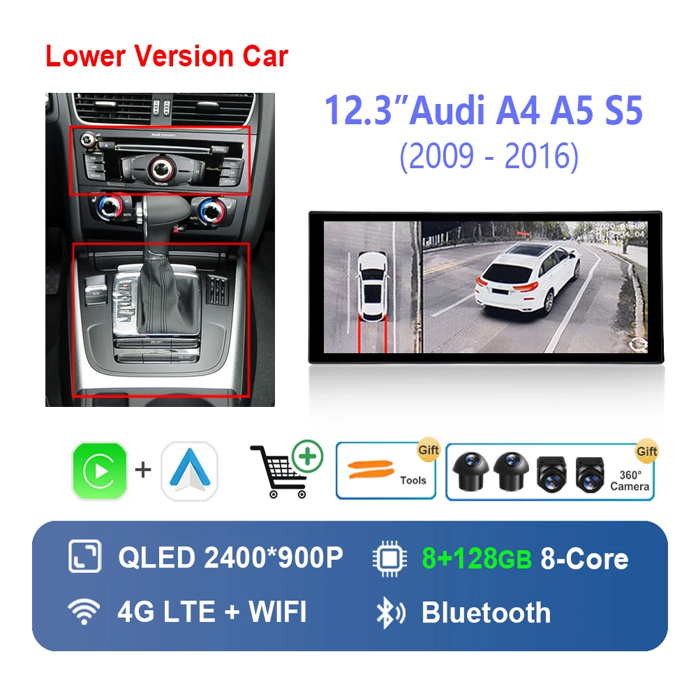 

Экран QLED для Audi A4 A5 S5 2009-2016 Беспроводной Carplay HD Сенсорный экран Android 14 Автомобильный мультимедийный радиоплеер Видеоплеер