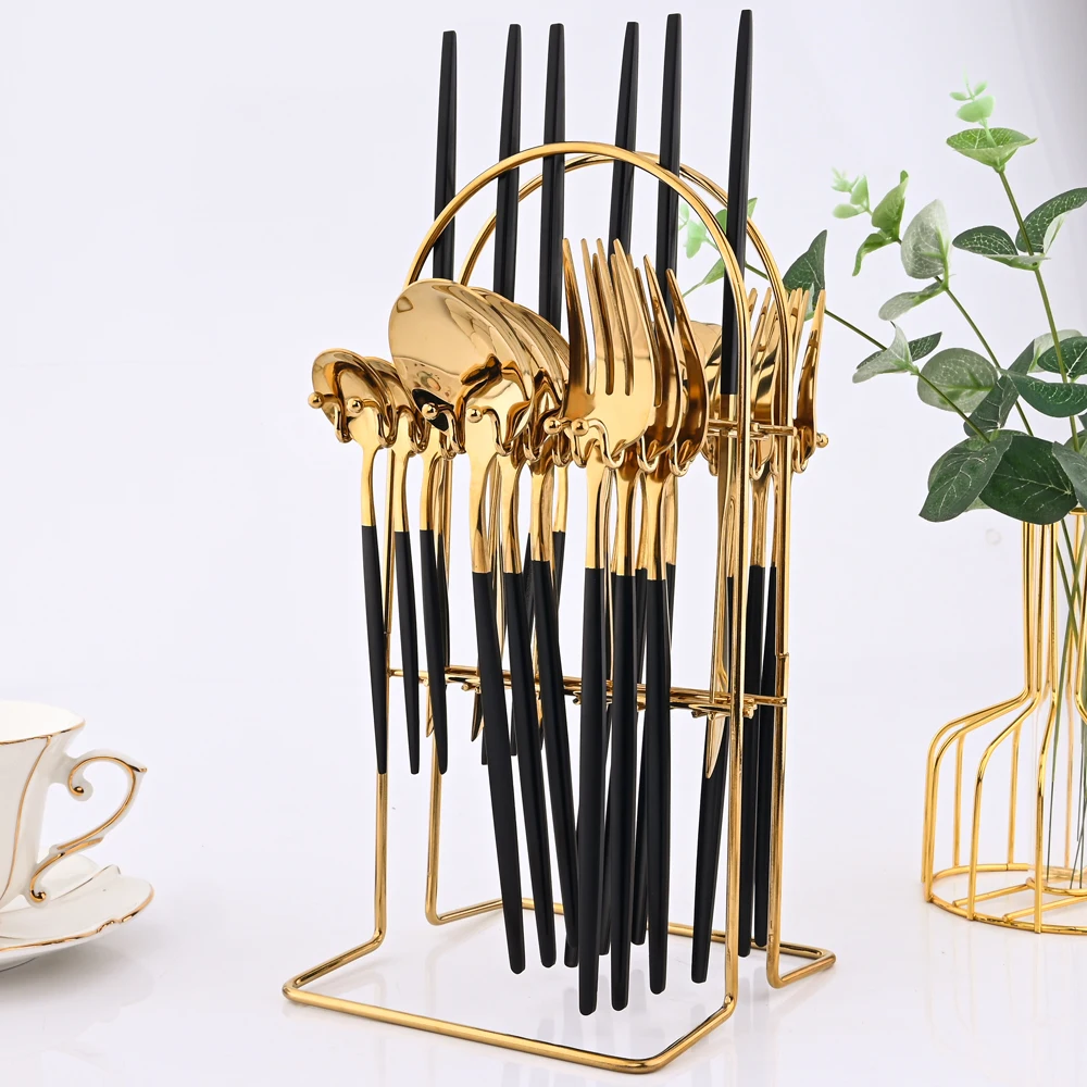 

24 Pcs Black Gold Dinnerware Ser Stainless Steel Flatware Knife Fork Spoon Mirror Cutlery Set Kitchen Dinner Silverware
