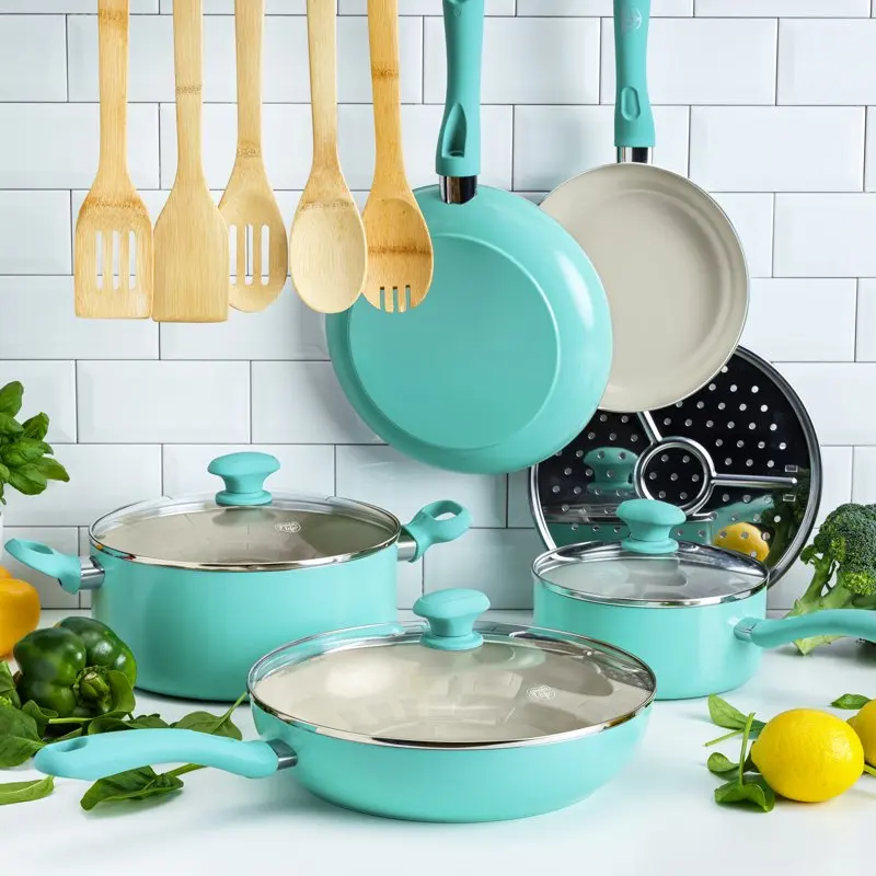 

Uniquely Soft-Grip Diamond Healthy 14 Piece Ceramic Nonstick Turquoise Cookware Pots and Pans Set - Dishwasher Safe & Easy to Cl
