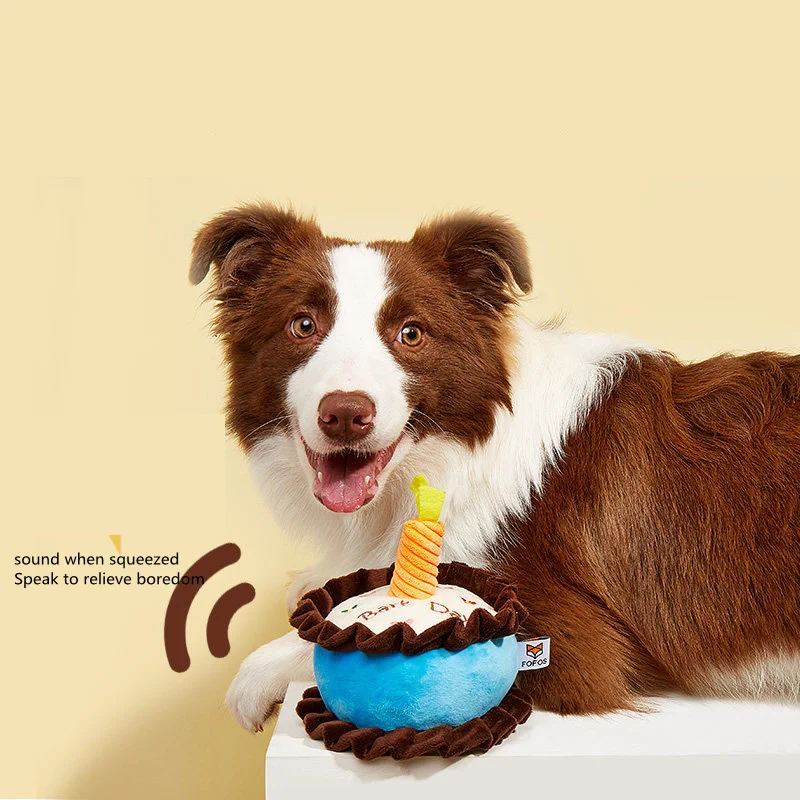 

Birthday Cake Shape Dog Toy Funny Bite Resistant Plush Puppy Squeaky Toy Pet Biting Toys for Dog Happy Birthday Interactive Toys