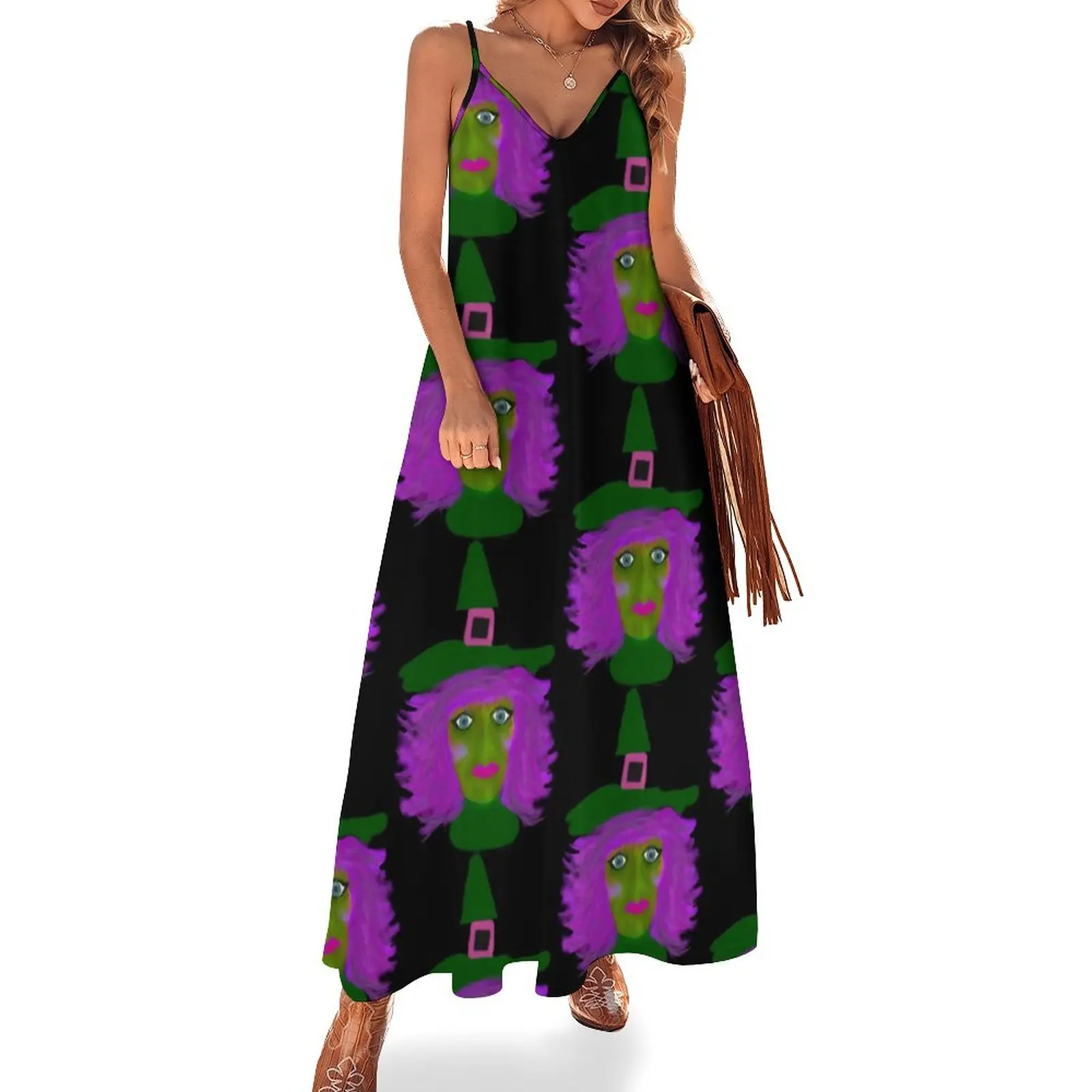

Cute Halloween Witch Dress Cartoon Print Street Fashion V Neck Boho Beach Long Dresses Graphic Cute Maxi Dress Large Size 4XL