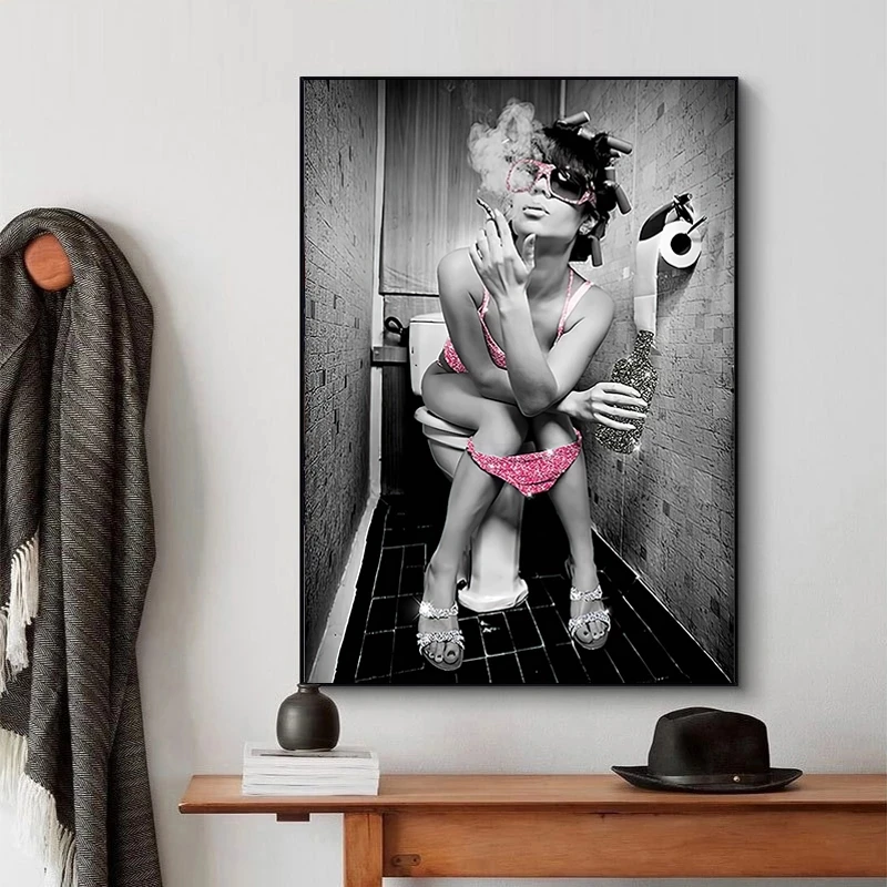 

Modern Toilet Sexy Woman Canvas Painting Carving Bar Girls Smoking And Drinking Bathroom Wall Art Picture Poster Decor