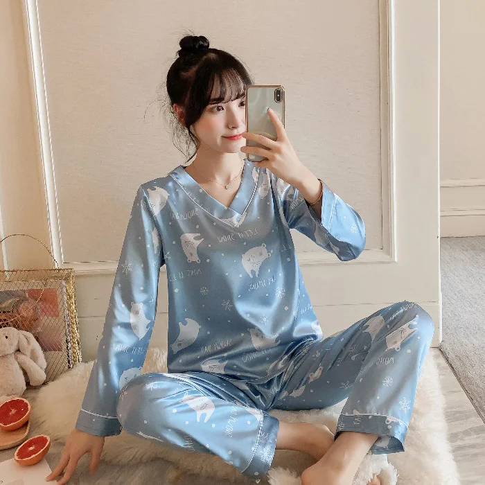 

Summer Pajamas Women's Casual Lapel Loose Cardigan Long-sleeved Trousers Two-piece Women's Sexy Cute Home Service Pajama Set