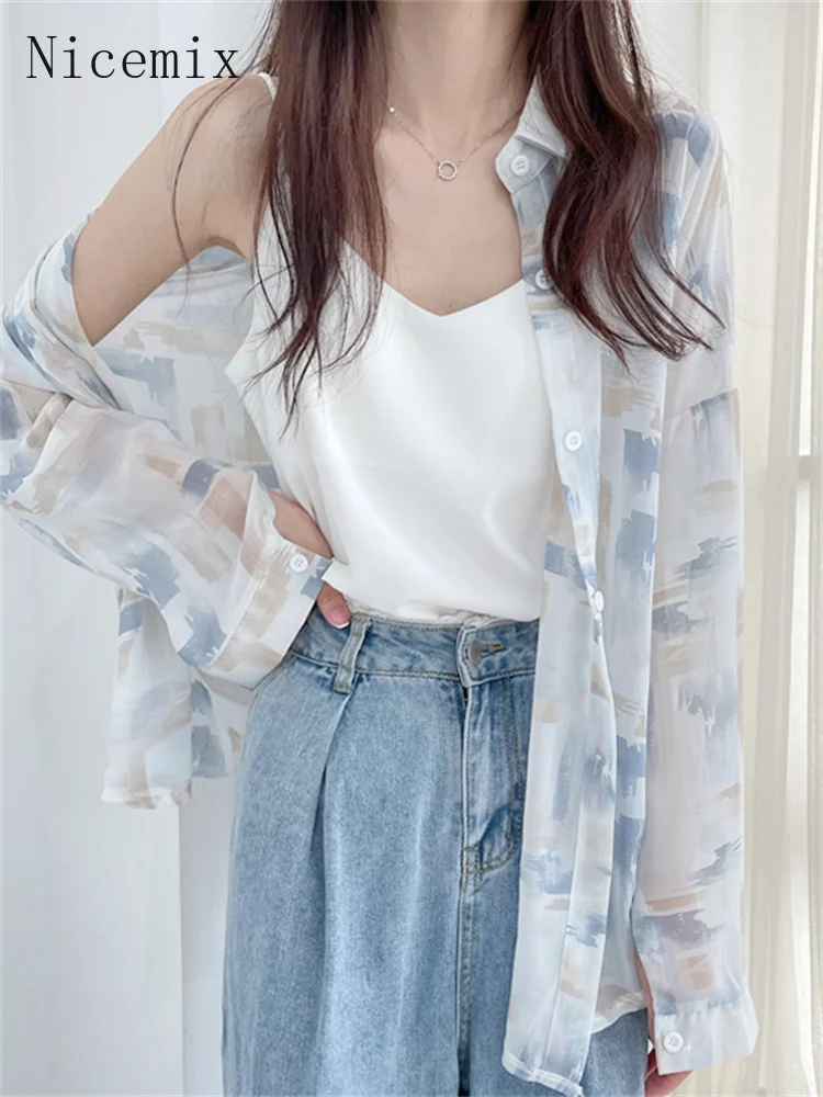 

Рубашка Nicemix женская оверсайз, Солнцезащитный кардиган, шифоновая блузка с принтом на завязках, дизайнерская милая блузка на пуговицах, лет...
