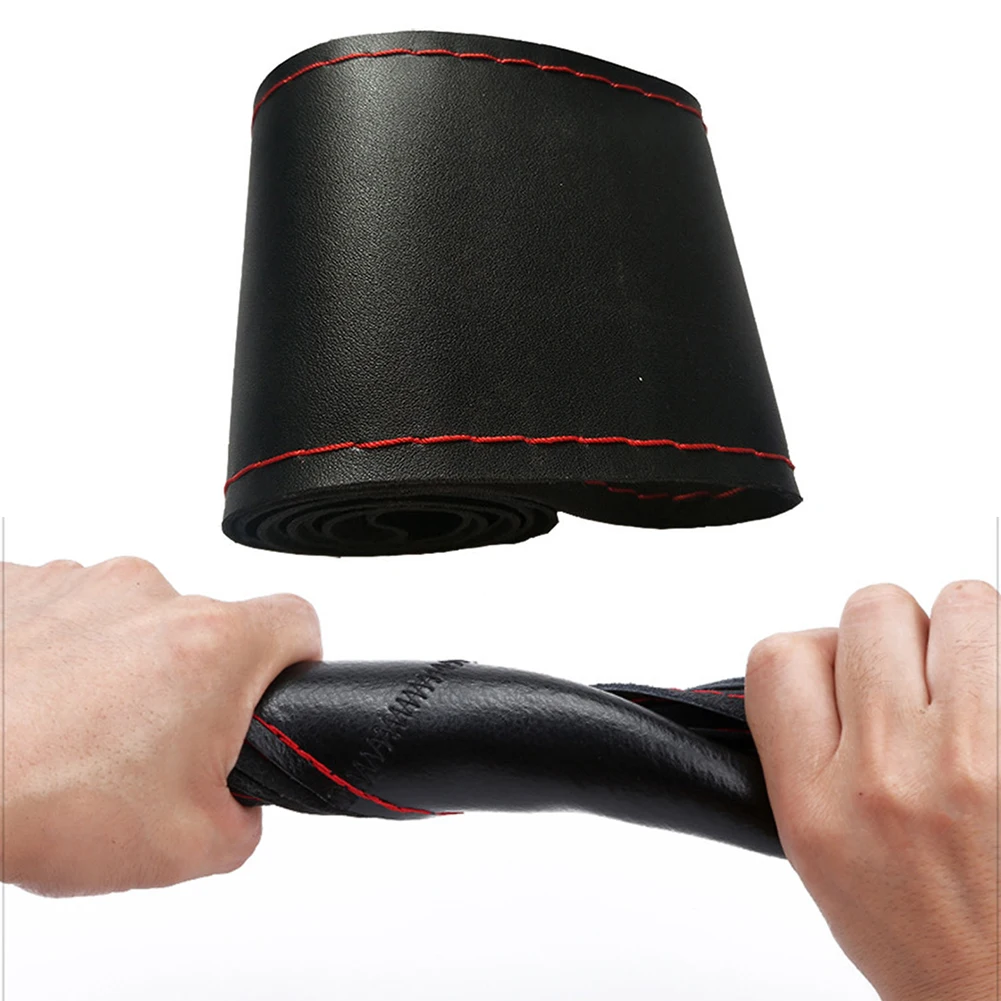 

37-38cm DIY Car Steering Wheel Cover With Needles Thread Black/Red Leather Interior Parts Steering Covers Equippments Durable