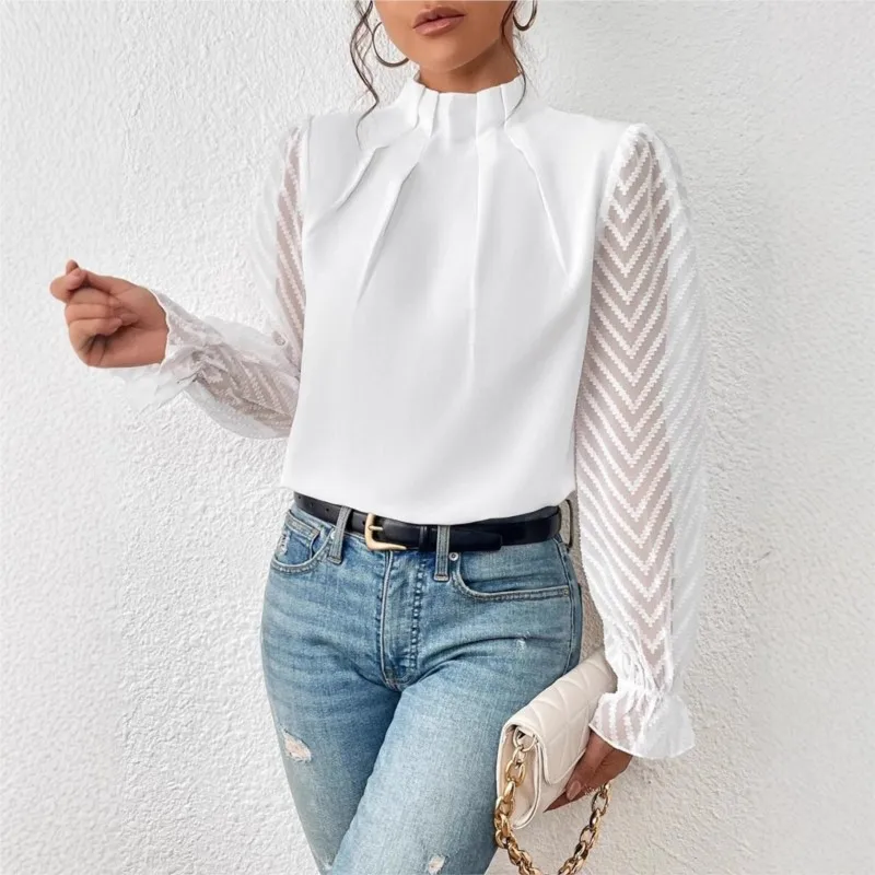 Blusas Mujer Moda Элегантные весенне-летние рубашки с высоким воротником и волнистым