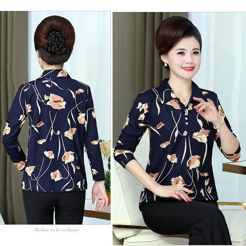 

Middle-Aged Elderly Women's Pullover Mother Blouse 2023 Spring Autumn New Long-Sleeved T-Shirt Female Loose Bottoming Shirt Coat