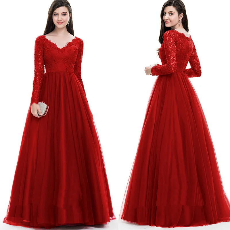 

Women Elegant Wedding Dresses Sexy Lace-up Deep V-neck Long Sleeve Prom Party Dress Vintage A-Line Evening Dress