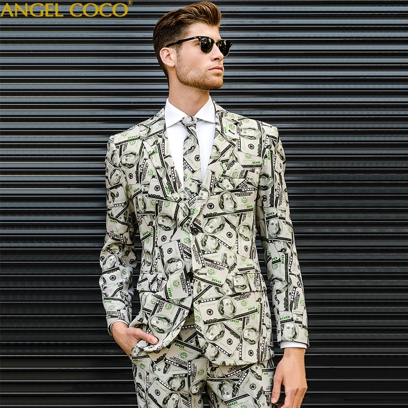

Personality Trend Cool Money Print Men's Suit Online Red Anchor Suit Pants Tie Groom Wedding Suits For Man Teenager Clothes