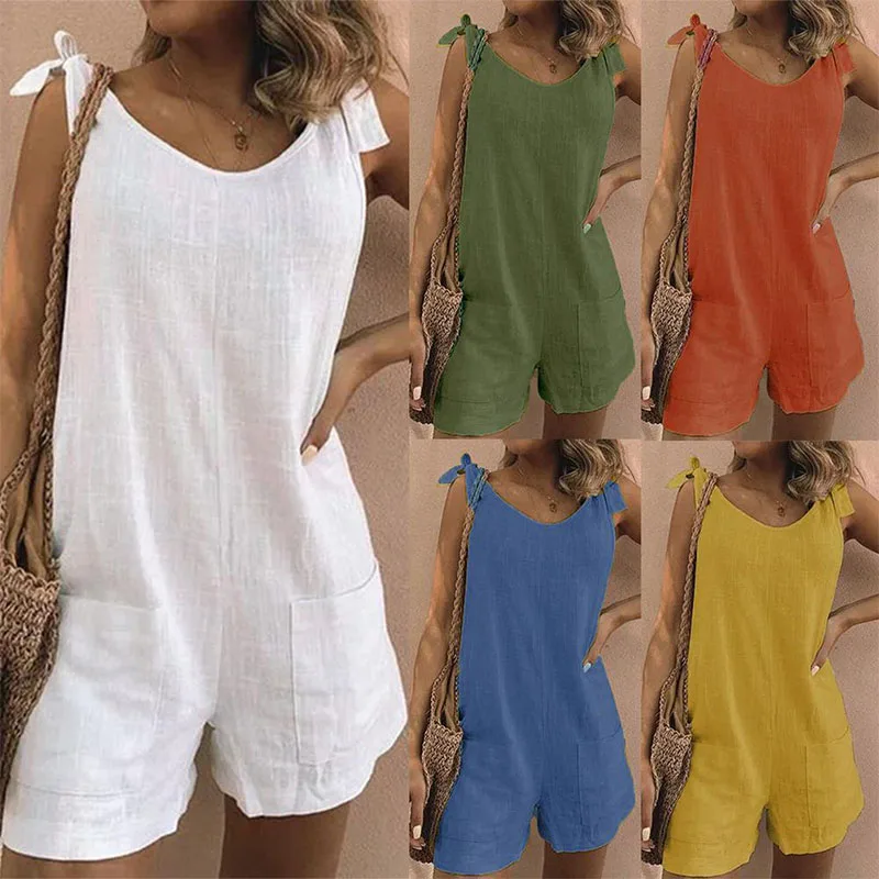 

Summer Jumpsuits Women Sleeveless Elegant Jumpsuits Romper Casual Vintage Ladies Short Pants Cotton And Linen Wide Leg Pants