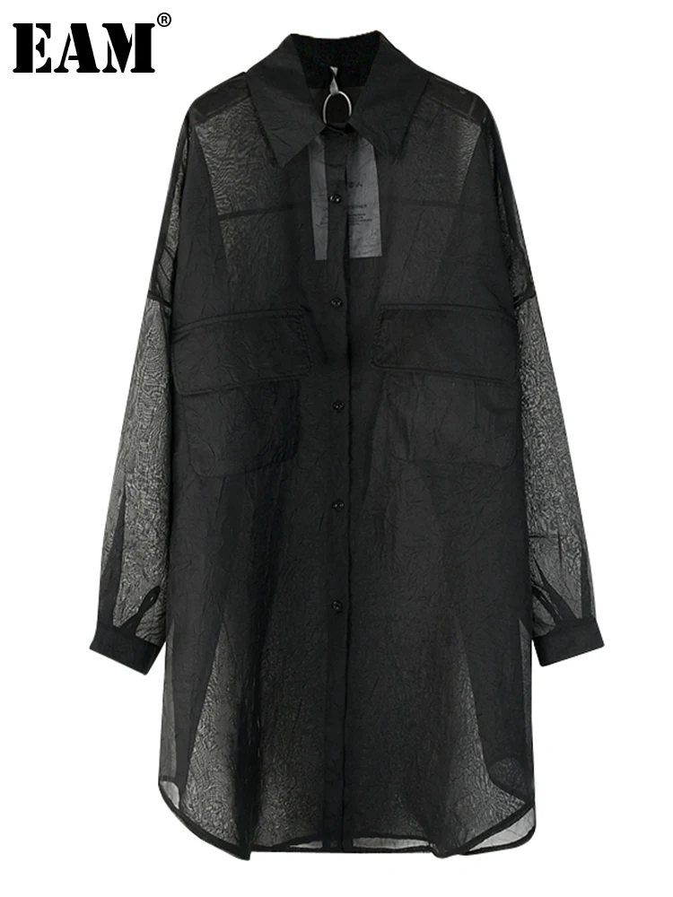 

[EAM] Women Black Perspective Big Size Long Blouse New Lapel Long Sleeve Loose Fit Shirt Fashion Tide Spring Autumn 2022 1DE8338