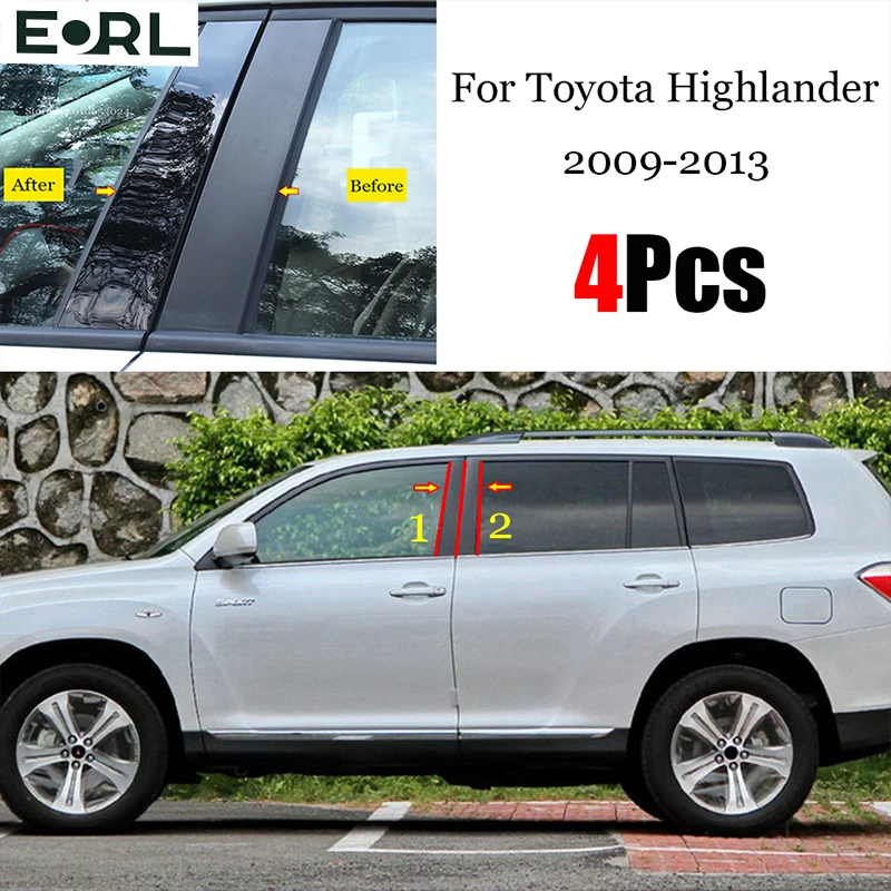 

4PCS Car Window Door Column BC Pillar Post Cover Trim Fit For Toyota Highlander 2009 - 2013 Black Mirror Effect PC Sticker