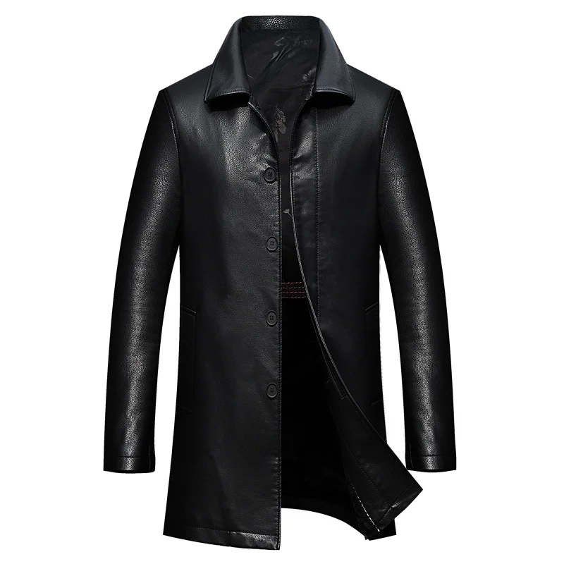 2022 autumn and winter new men's mid-length leather jacket / business casual lapel plus velvet warm men's leather trench coat